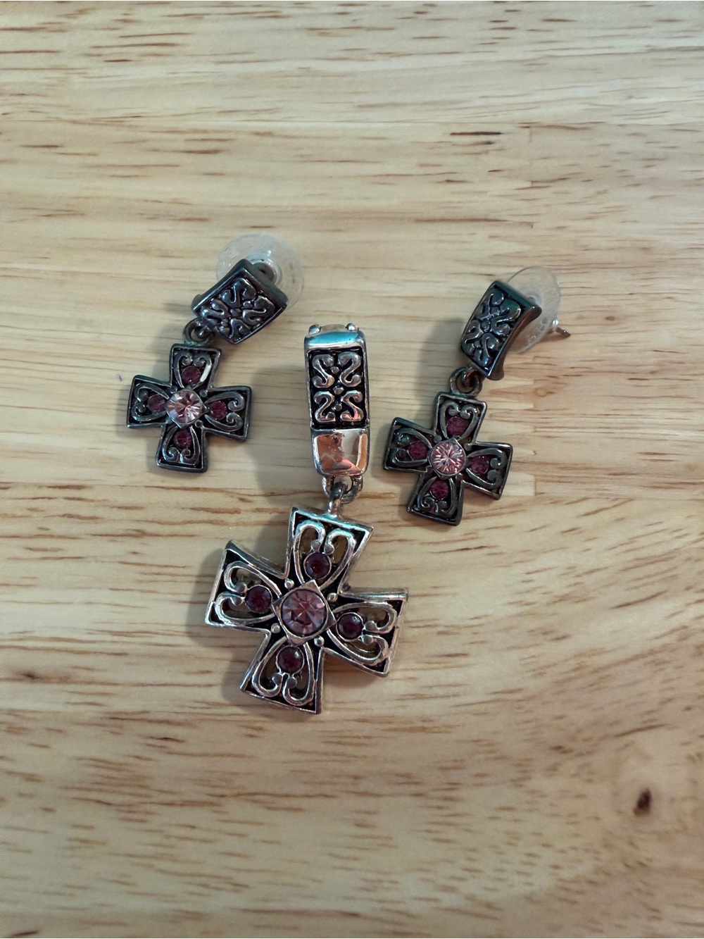 Premier Designs Silver-Tone Cross Pendant w/Pink Accent Stones & Earring‎ Set